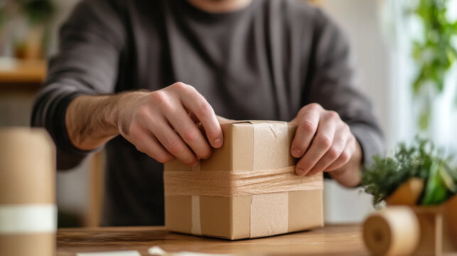 Close-up of small business owner packing an online order in plastic-free recycled packaging, paper tape and natural materials, sustainable ecommerce, realistic stock photography