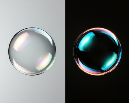 Transparent soap bubble with iridescent surface reflections, realistic sphere, floating orb, split light gray and black background