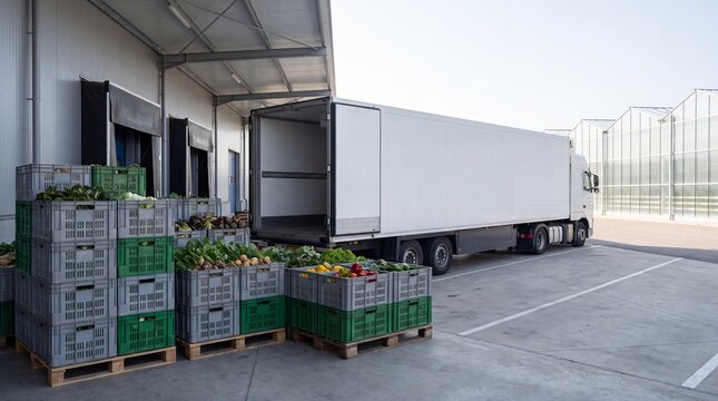 Crates of fresh vegetables on pallets loading into delivery truck