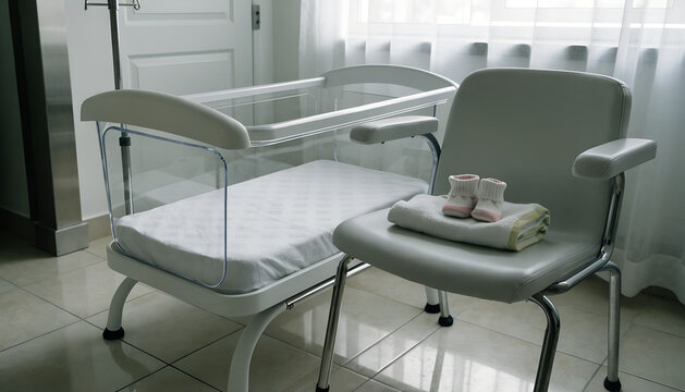 Empty baby crib in sterile hospital corridor with copy space. Concept of child abandonment, neonatal orphan crisis, maternal health issues and social problems, child welfare and orphanhood concept
