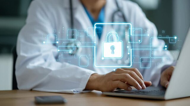 Doctor typing on laptop with holographic lock in clinical office, white coat and stethoscope visible, digital data shield animation representing encryption