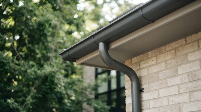 Modern Gray Rain Gutter System Attached to a Residential Brick House Exterior