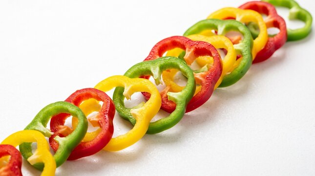 Colorful bell pepper rings in a row, sliced red yellow and green peppers on white background, fresh vegetable ingredients