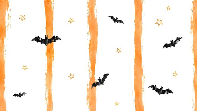 Seamless halloween pattern with watercolor orange stripes, black bats, and gold stars isolated on white background