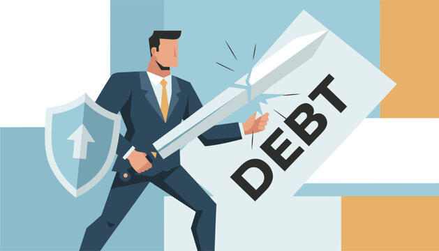 Brave businessman acting like a knight holds a sharp sword to slice a large sheet of paper with the word debt written on it.