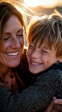 Closeup caucasian mother hugging son smiling, freckled face pressed to childs cheek, windblown hair, knit sweater, golden hour sunlight, joyful laughter