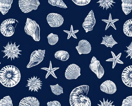 Seamless pattern with handdrawn seashells and starfish on a dark blue background, nautical marine wallpaper design