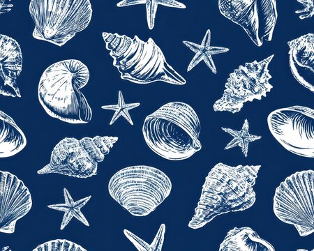 Seamless pattern with handdrawn seashells and starfish on a dark blue background, nautical marine wallpaper design