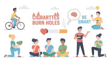 Fototapeta premium Anti-smoking infographic with diverse people choosing healthy habits over cigarettes under the message cigarettes burn holes.