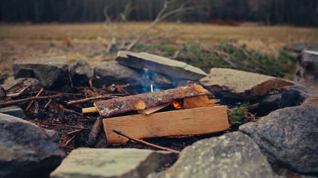 Small newly ignited campfire or kindling setup enclosed by stones on the ground, with small flames beginning to burn among the wood