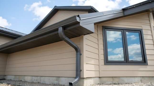 Modern Home Exterior Showing Brown Siding and Rain Gutter Installation