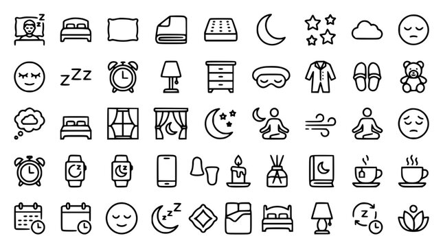 Healthy sleep routine and bedtime comfort line icon set featuring furniture bedding alarm clocks night relaxation meditation and hygiene outline symbols