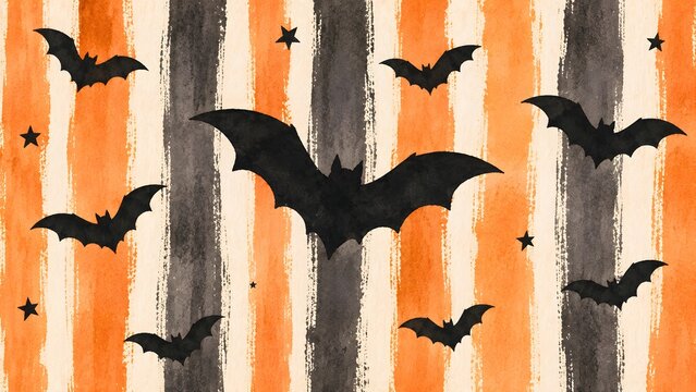 Halloween background with watercolor orange and black stripes, flying bats and stars, festive seasonal pattern for holiday design