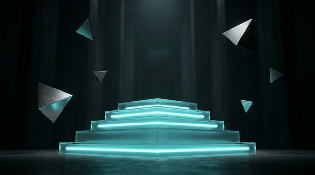 Low-angle view of a neon cyan frosted glass stairs podium surrounded by floating metallic tetrahedrons under moody light.