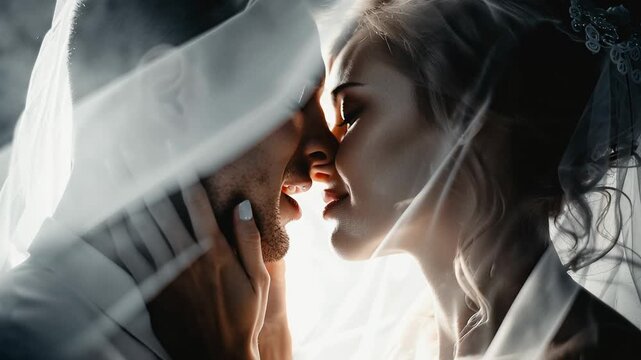 Intimate closeup caucasian bride groom sharing veil kissed moment, backlit cinematic lighting creating soft silhouette and dramatic mood, photographer capturing