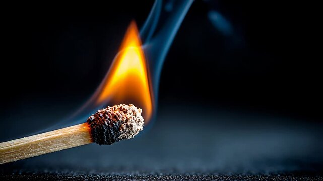 Closeup burning match with blue flame, tiny smoke curling upward, charred head and wooden stem resting on textured surface, dramatic lowkey lighting and shallow