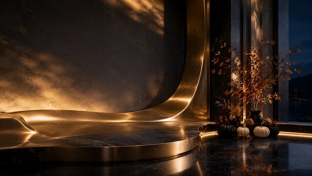 Modern metallic bench in dim indoor setting