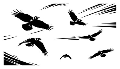 Obraz premium Flying crows and ravens flock with speed lines, dynamic black birds silhouette in sky, gothic or nature vector illustration