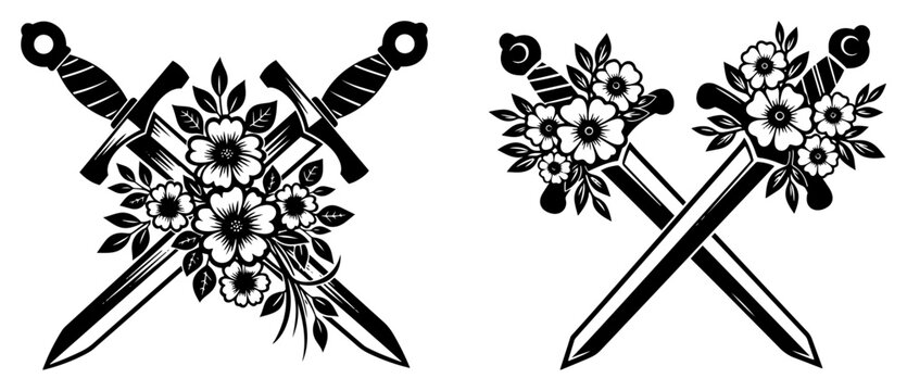 Crossed daggers with flowers tattoo style illustration, ornamental swords with floral decoration, vintage heraldic weapon and nature black and white vector