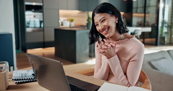 Video call, laptop and talk with woman in home for online meeting, streaming and pr advisor. Virtual consultant, planning and contact with person and tech in house for feedback, project and webinar