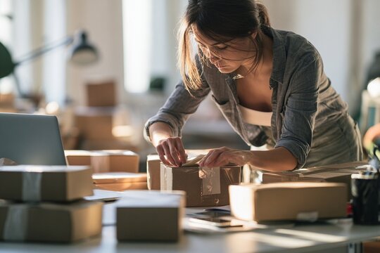 Small Business Owner Packing Cardboard Boxes for Shipment in Workshop