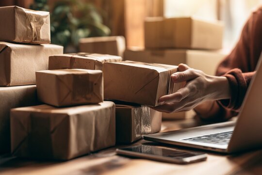 Person preparing cardboard packages for shipping in a home office
