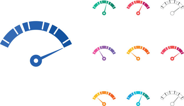 Colorful speedometer icon set, flat gauge vector collection, performance meter graphics for dashboard UI and data visualization