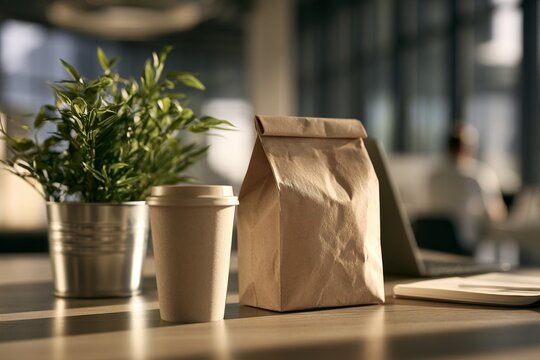 Office Desk with Lunch Bag and Coffee Cup