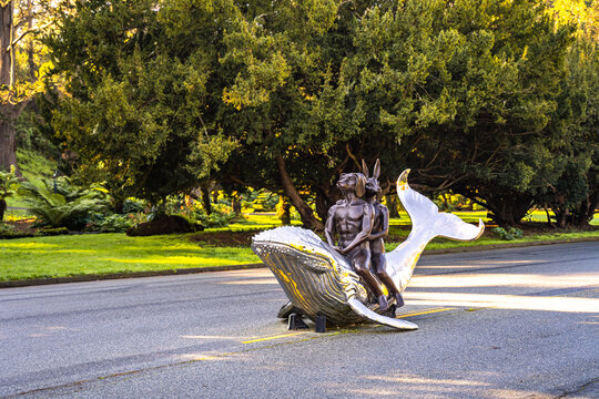 San Francisco - January 14, 2026: Dogman and Rabbitwoman Sitting on Whale by Gillie and Marc at San Francisco Public Art