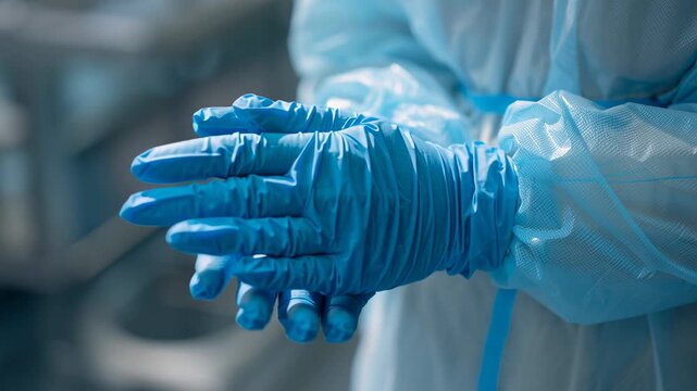 Blue gloved hands donning protective gloves, closeup of healthcare worker in protective suit adjusting disposable latex gloves, dimly lit lab backdrop, focus