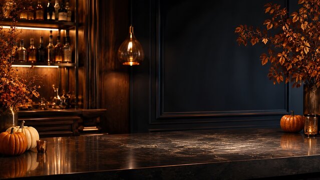 Elegant bar with vintage hanging lamps and dark decor
