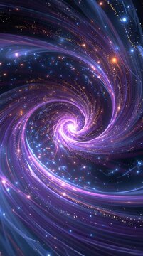 Swirling purple space vortex surrounded by asteroids, luminous light trails, glittering stars, rotating debris, deep blue nebula backdrop, electric aurora