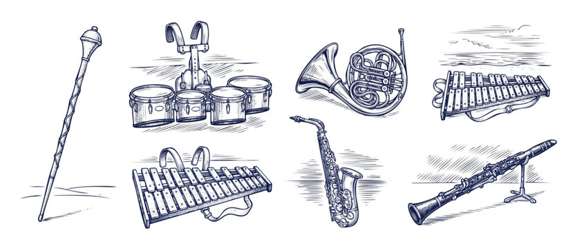 Marching band instruments set vector hand drawn illustration featuring drums saxophone french horn glockenspiel clarinet and baton isolated line art graphic for music design concepts and parade theme