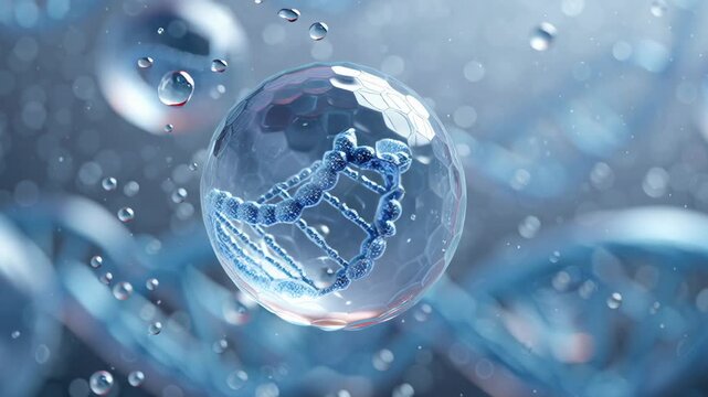 Floating crystal bubble with DNA helix suspended in shimmering water droplets, soft blue lighting, microscopic focus, drifting particles, clinical futuristic