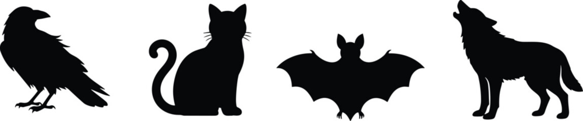 Naklejka premium Halloween animal silhouettes of raven cat bat and howling wolf set