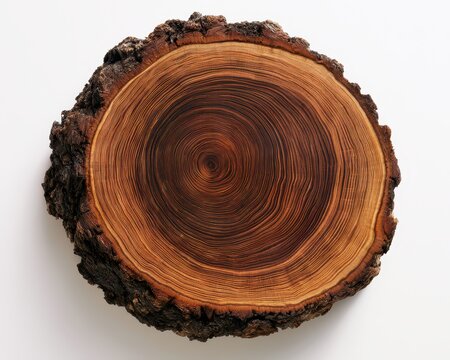 Cross section of a tree trunk showing detailed annual growth rings and rough bark, isolated on white background