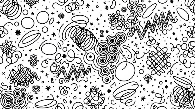Intricate monochrome doodle pattern featuring spirals, stars, flowers, circles, and playful hand-drawn abstract decorative elements.