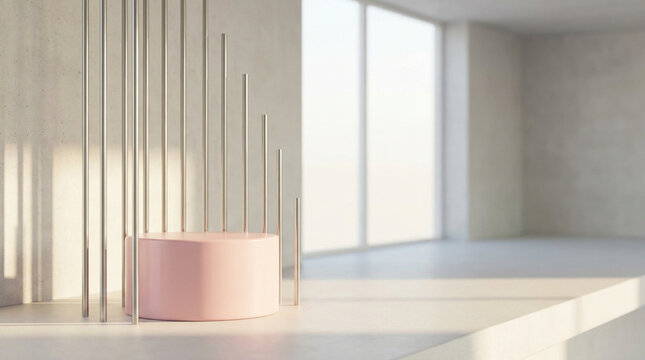 Front eye-level view of a pastel pink ceramic cylinder podium accompanied by thin vertical steel rods under soft morning light.