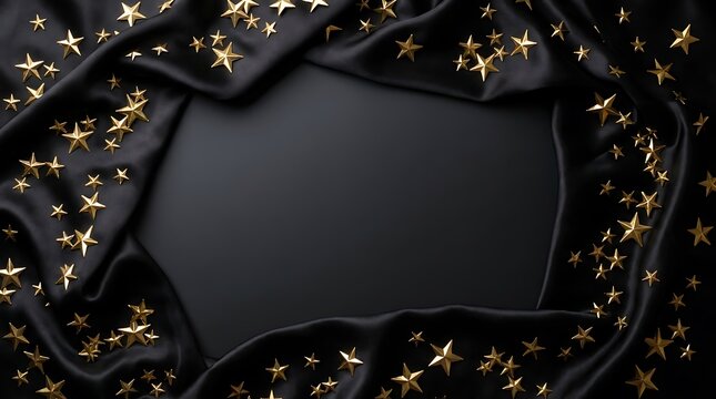 Black satin fabric background decorated with glowing golden star confetti bordering a central empty space