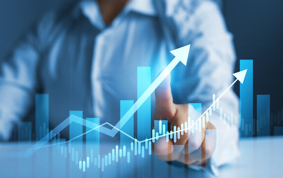 Business financial chart with moving up arrow graph.Financial data charts with glowing stock market graphs.Stock market investment data and analysis finance graph.	
