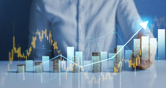 Business strategy and digital marketing. Financial Stock market investment. Business person draws economic growth graph financial data.	
