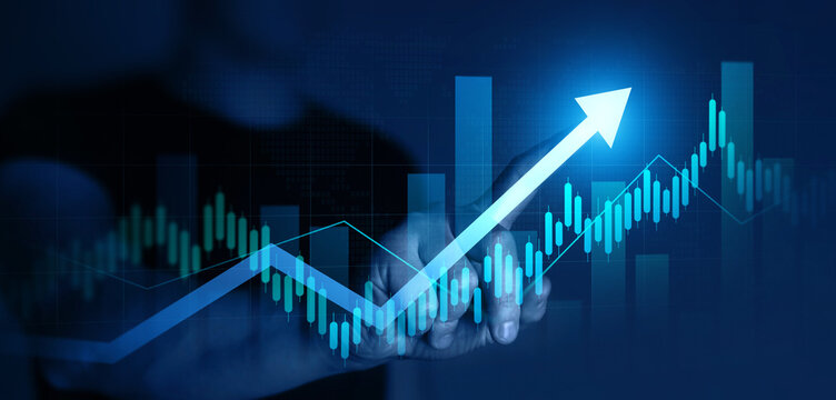 Business financial chart with moving up arrow graph.Financial data charts with glowing stock market graphs.Stock market investment data and analysis finance graph.	
