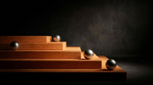Macro close-up view of an orange raw wood minimalist stairs podium accented by reflective metallic spheres under moody lighting.