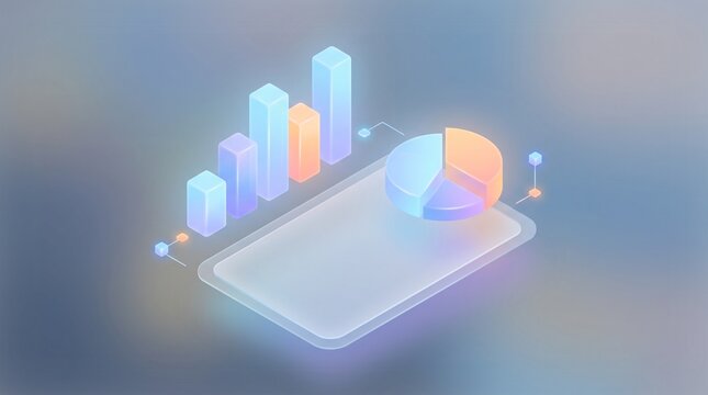Isometric 3D bar and pie chart on glass tablet, futuristic analytics interface. Modern blue and orange holographic data visualization. Business graph statistics
