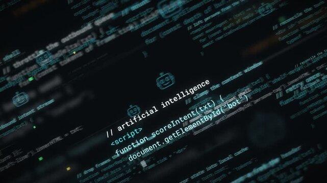 Artificial intelligence code background at an angle, with chatbot robot icons, script comments, and shallow depth of field, on dark teal