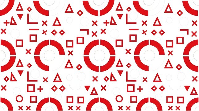 Minimal red geometric pattern with circles, triangles, squares, lines, and semicircular forms arranged across a clean white background.