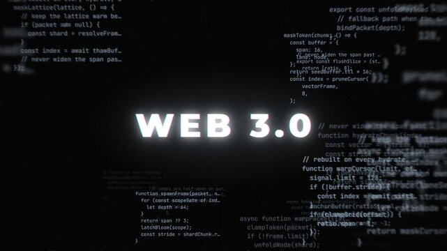 Web 3.0 glowing title text with chromatic glitch, over blurred programming code on a black background, for blockchain and decentralised web themes