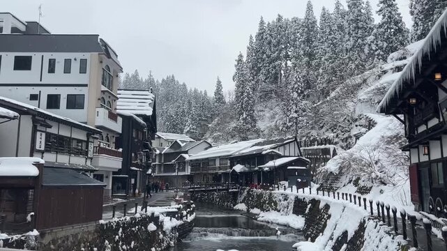 Winter Snowing Ginzan Hot Spring Town Japan