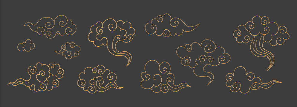 Asian traditional cloud set wavy curly ornament. China ornament, eastern decoration doodle, line. Clouds flow with the wind in the sky.