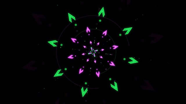 Abstract geometric mandala pattern with glowing neon arrows and dots in purple and green 